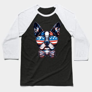 Boston Terrier Dog Sunglasses American Flag 4th of July Baseball T-Shirt